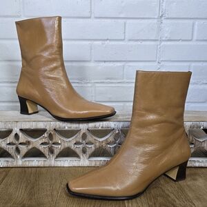 Etienne Aigner Tan Leather Mid Calf Heeled Boots Zip Up Size 8